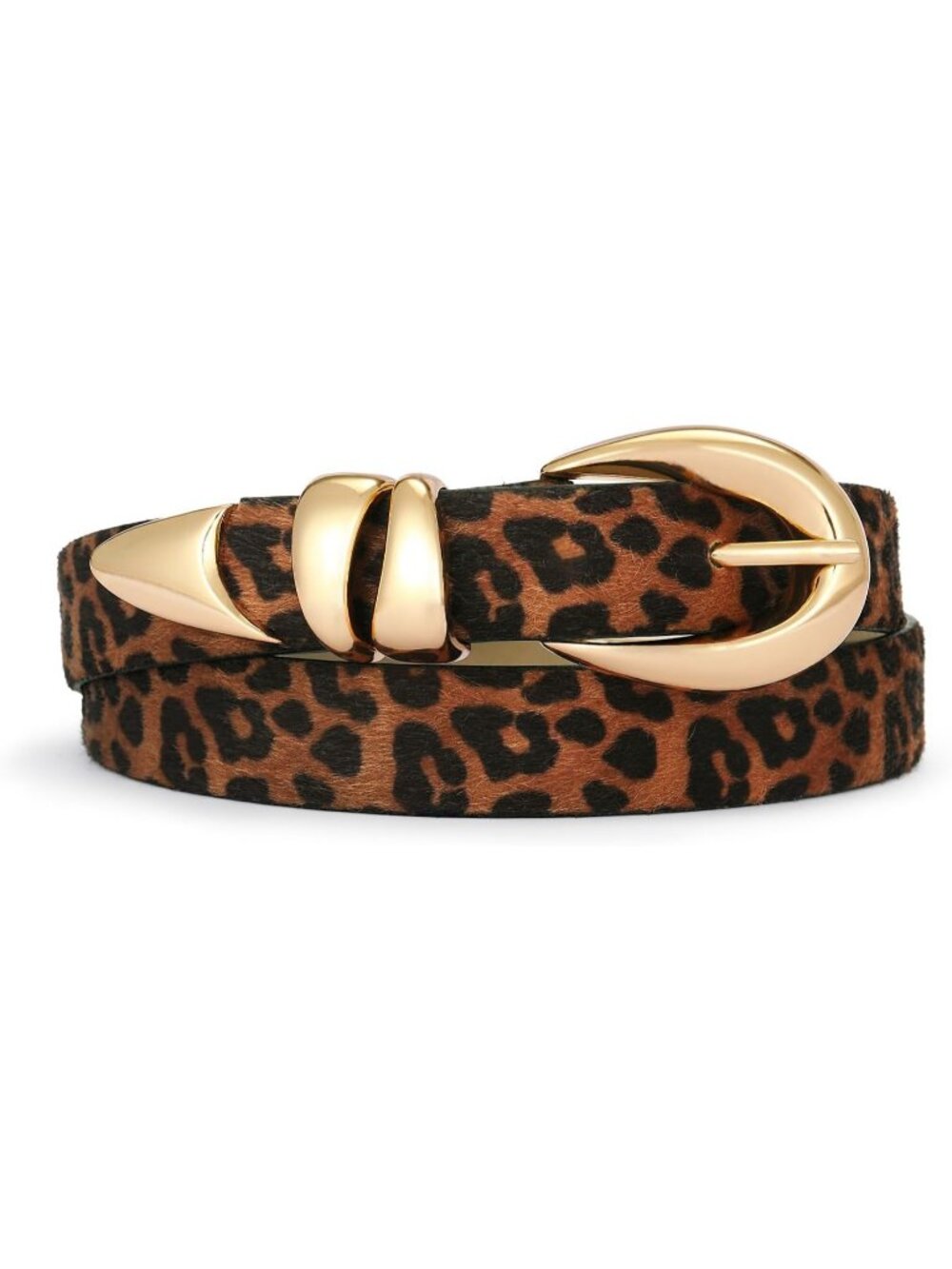 Women's Leopard Print Leather Adjustable Waist Belt For Jeans With Gold Buckle